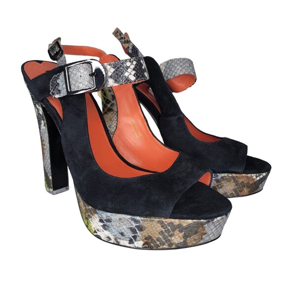 Via Spiga NWT Women's Black & Snakeskin High Heel Platform Sandals Size 9 - Picture 1 of 9